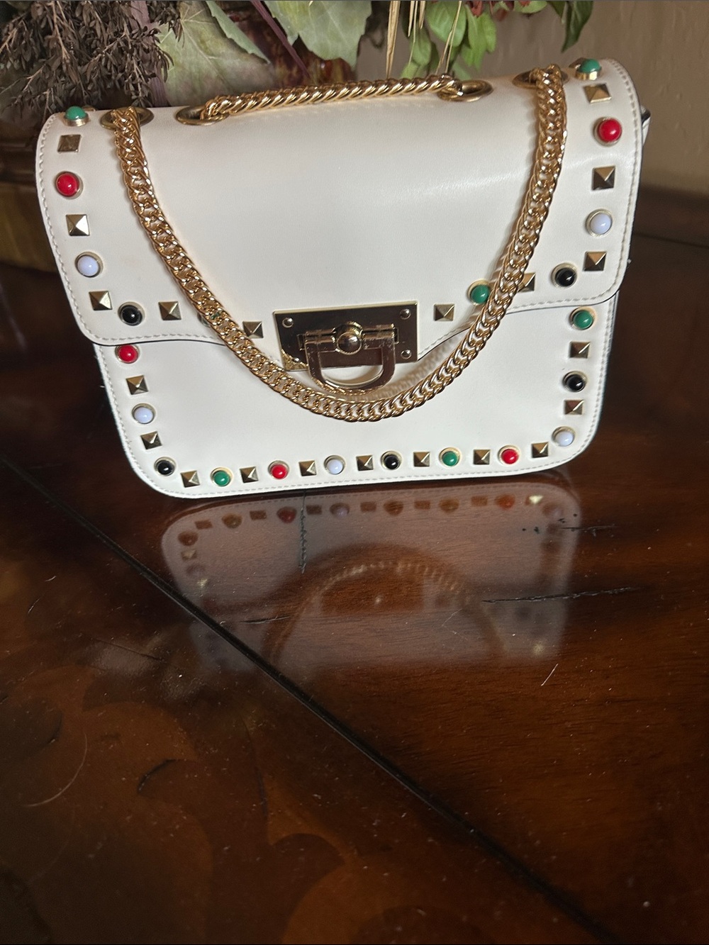 White Studded Crossbody Bag with Gold Chain and Multicolor Accents
